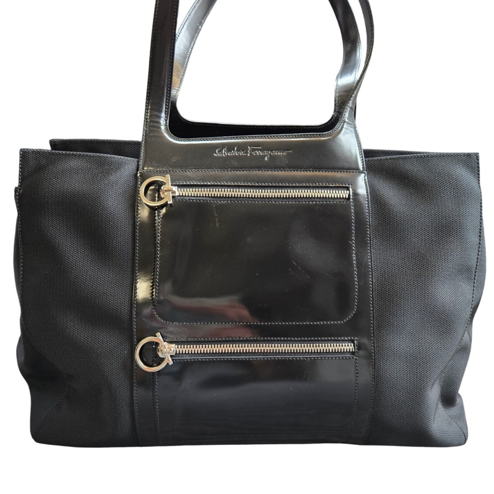 Salvatore Ferragamo Black Nylon Leather Gancini Tote Bag Italy